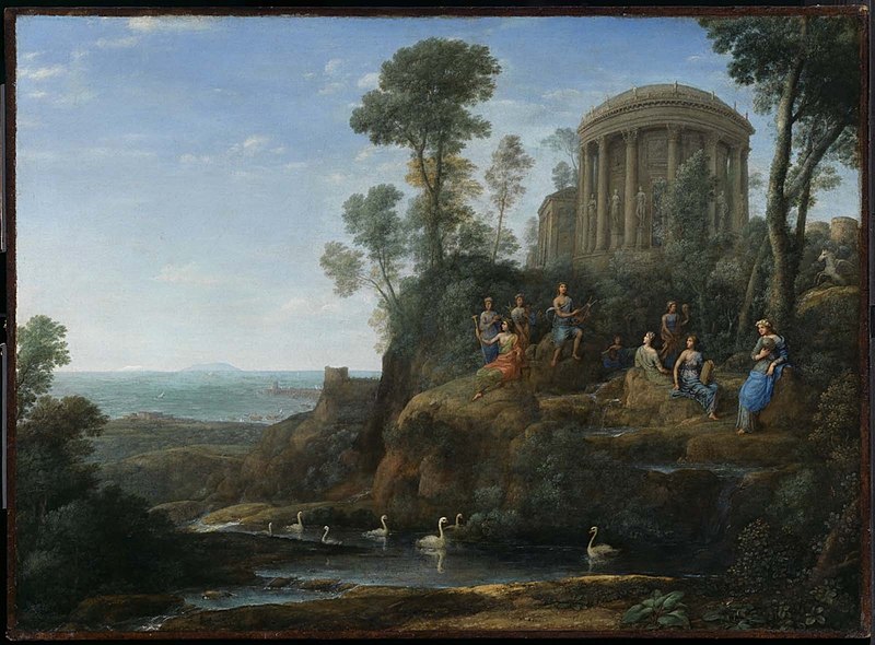 Peinture de Claude Lorrain, montrant Apollon et ses muses sur le mont Hélicon